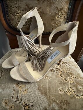 Jimmy Choo Champagne Tassel Heels Size 8.5 Shimmer Evening Shoes